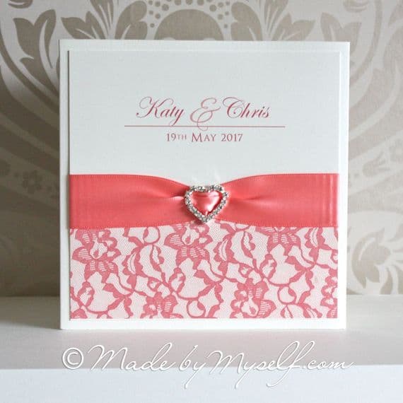 Ribbon Heart Lace Pocketfold Wedding Invitation