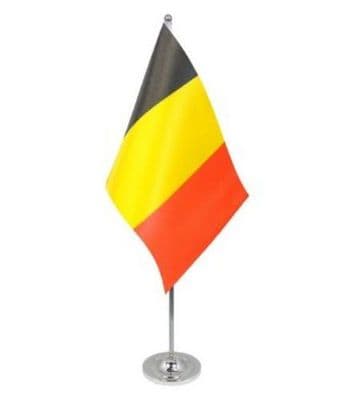 Belgium Desk / Table Flag with chrome stand and base.