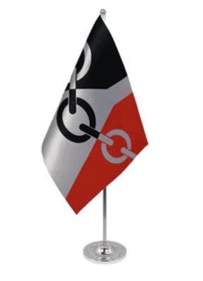 Black Country Desk / Table Flag with chrome stand and base.