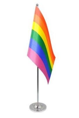 Gay Pride Rainbow Desk / Table Flag with chrome stand and base.