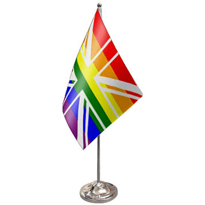 Great Britain Rainbow Desk / Table Flag with chrome stand and base
