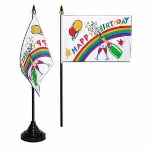 Happy Birthday Desk / Table Flag with plastic stand and base.