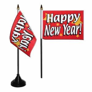 Happy New Year Desk / Table Flag with plastic stand and base.