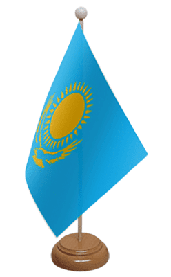 Kazakhstan Desk / Table Flag with wooden stand and base