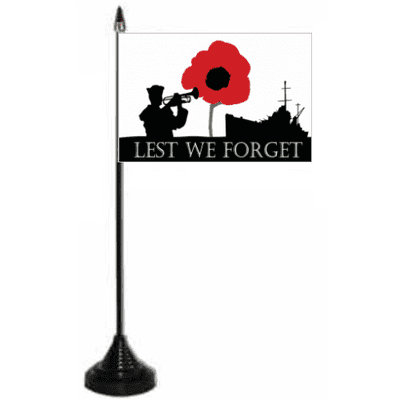 Lest We Forget Navy Desk / Table Flag with plastic stand and base