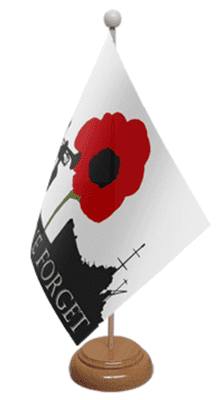 Lest We Forget Navy Desk / Table Flag with wooden stand and base