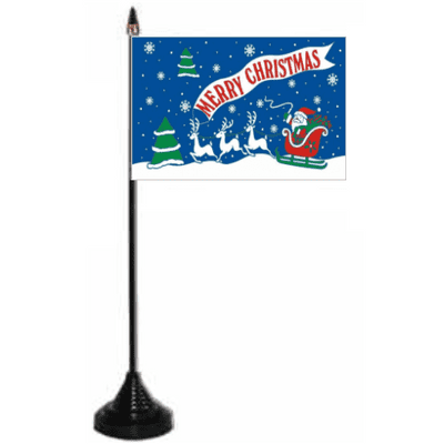 Merry Christmas Blue Desk / Table Flag with plastic stand and base