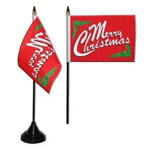 Merry Christmas Desk / Table Flag with plastic stand and base.