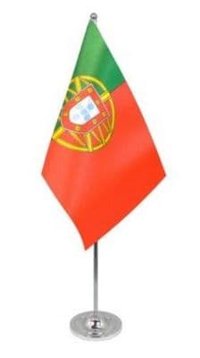 Portugal Desk / Table Flag with chrome stand and base.