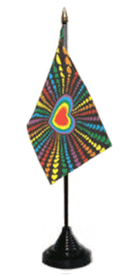 Rainbow Heart Desk / Table Flag with plastic stand and base.
