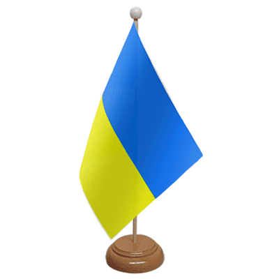 Ukraine Desk / Table Flag with wooden stand and base
