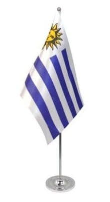 Uruguay Desk / Table Flag with chrome stand and base.