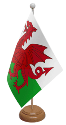 Wales Desk / Table Flag with wooden stand and base