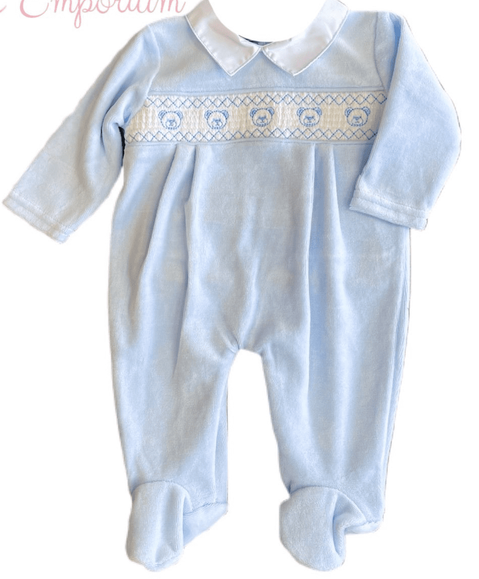 Baby Boys Blue Smocked Teddy Bear Babygrow