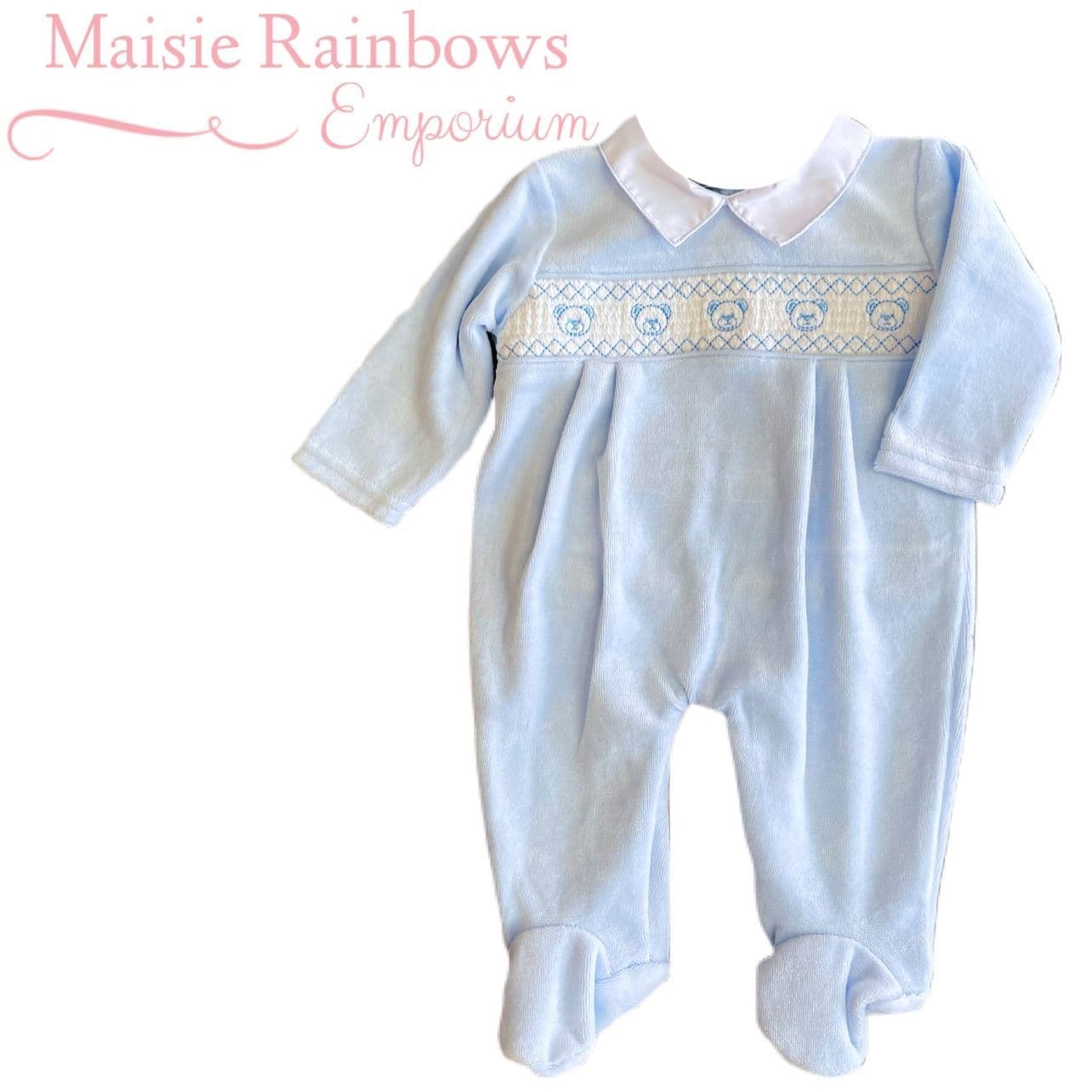 Baby Boys Blue Smocked Teddy Bear Babygrow