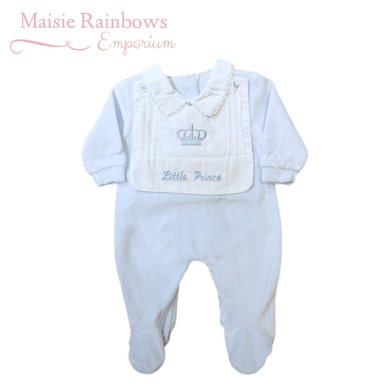 Baby Boys Blue Velour Little Prince Sleepsuit