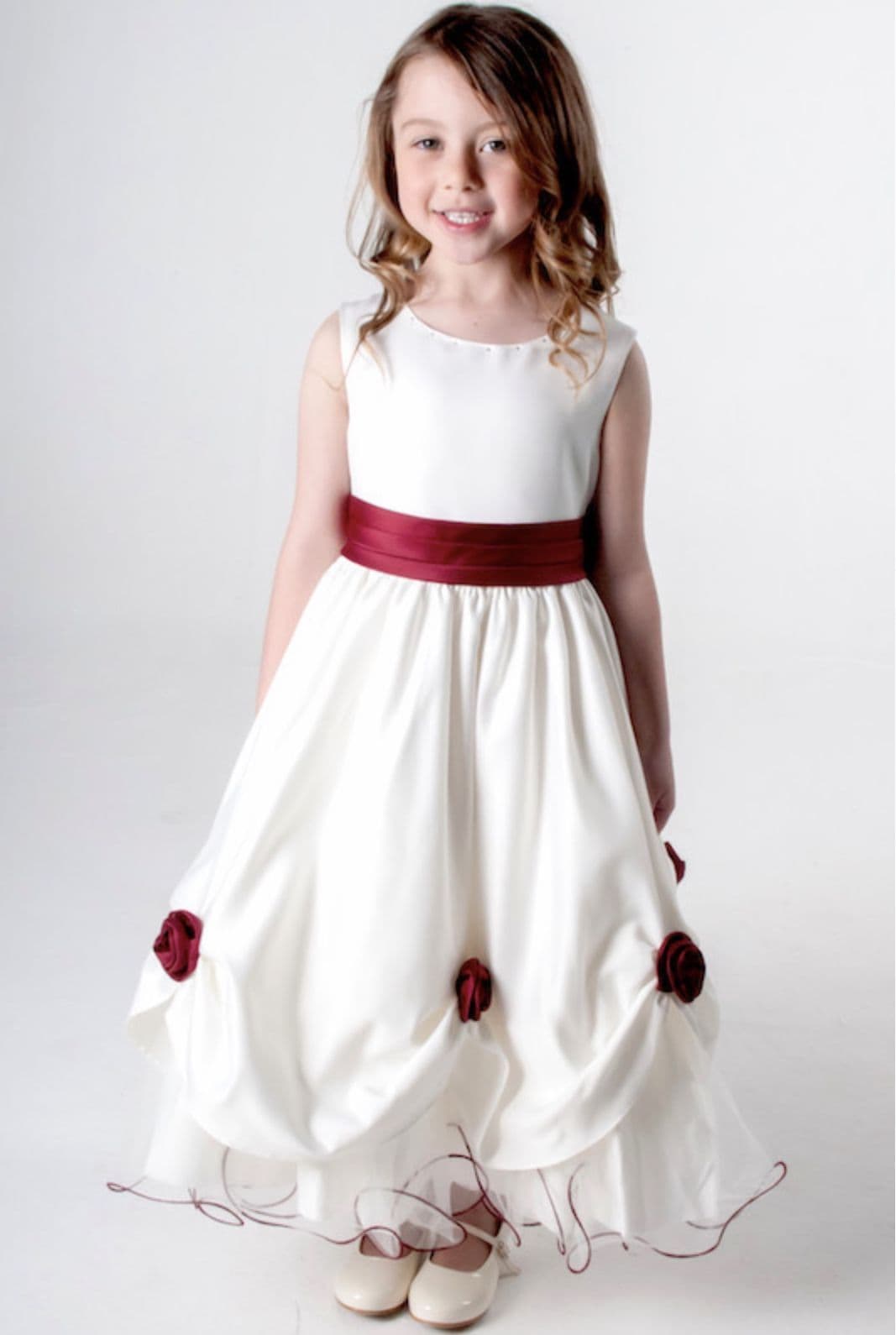 Ivory flower girl dress with burgundy sash clearance