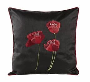 SET OF 2 EMBROIDERED 3 RED POPPY FLOWER/S BLACK SILK18