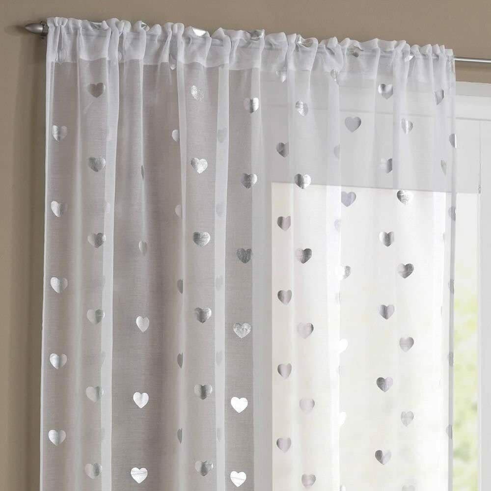 SILVER GLITTERING METALLIC FOIL HEARTS LUXURY WHITE THICK VOILE CURTAIN