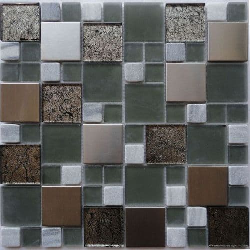 0.45m2 ( 5 tile) CLEARANCE/DAMAGED Green Glass / Stone/Stainless Steel Mosaic 300 x 300 x 8 mm