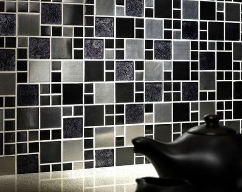 0.54m2 ( 6 tile) CLEARANCE / DAMAGED Black Glass / Stone/Stainless Steel Mosaic 300 x 300 x 8 mm
