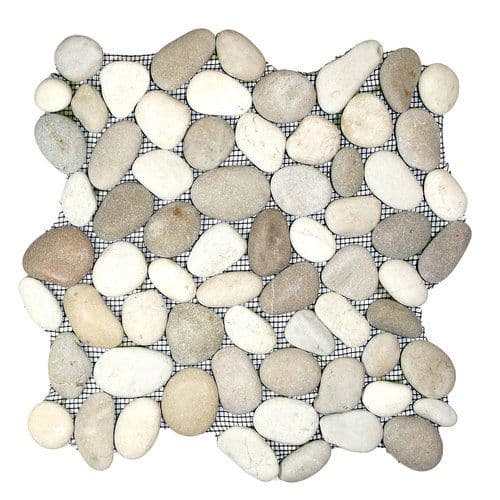 1m2 White & Tan River Stone Pebble Mosaic Tiles on mesh