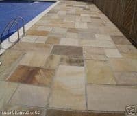 Calibrated Mint Fossil Indian Riven Sandstone Mixed Size Paving Patio Slabs