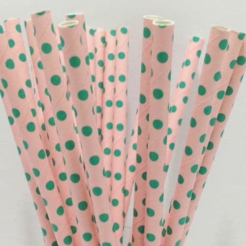 Χάρτινα Καλαμάκια Μίντ Πουά σε Ροζ / Mint Dots Pink Paper Straws
