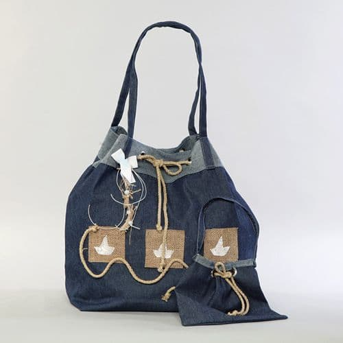 Christening blue jeans bag with a boat / Τσάντα βάπτισης μπλουτζήν με καραβάκι