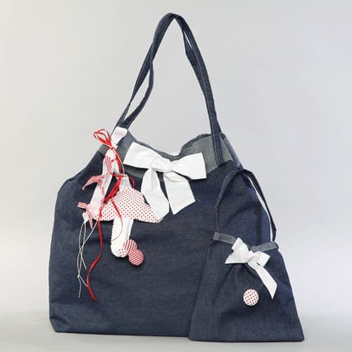 Christening blue jeans bag with a mushroom / Τσάντα βάπτισης μπλουτζήν με μανιτάρι