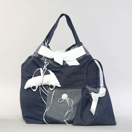 Christening blue jeans bag with car / Τσάντα βάπτισης μπλουτζήν με αυτοκινητάκι