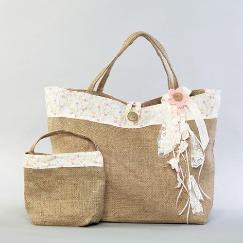 Christening burlap bag / Τσάντα βάπτισης λινό με λουλούδια
