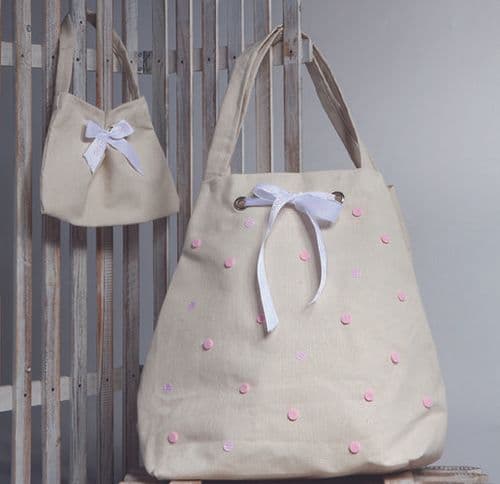 Christening cotton bag with light pink dots / Τσάντα βάπτισης βαμβακερή με πουά ροζ