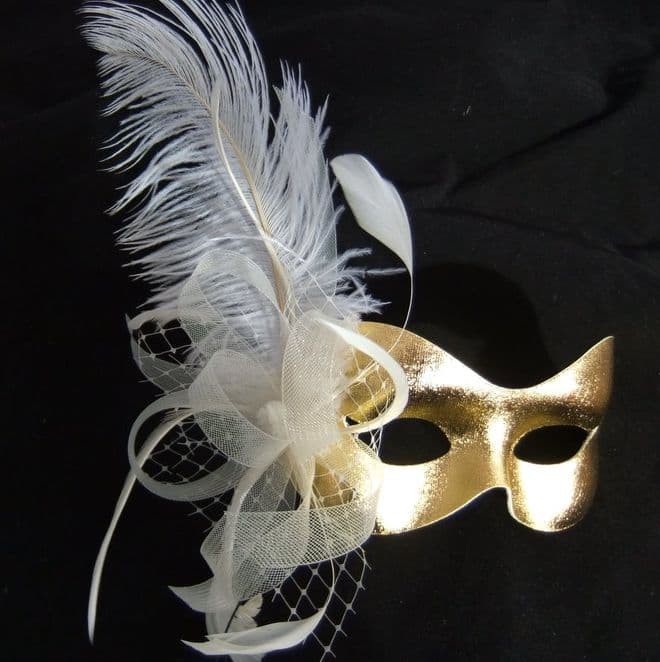 Gold & cream Burlesque style feather masquerade mask