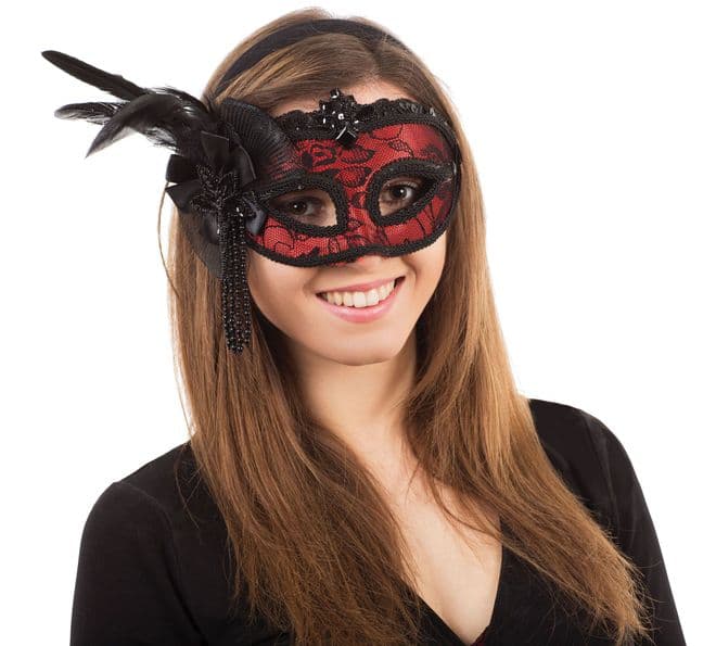 Red Lace mask on a headband or ribbons
