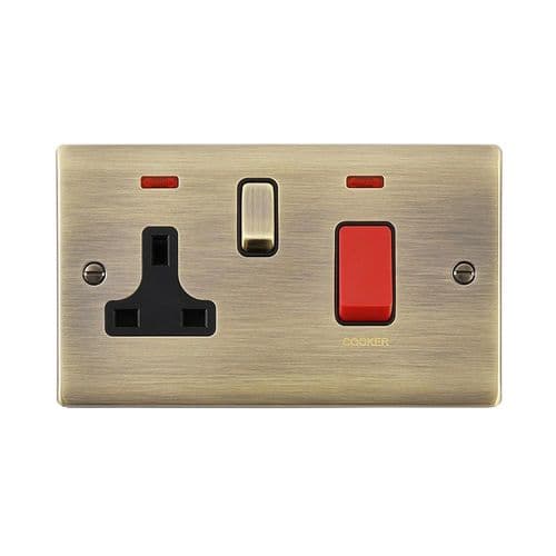 Raised Screwed 45A DP Cooker Switch with 13A Socket w Neon - Antique Brass W Black Insert RS55ABB