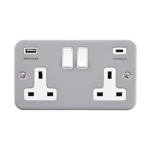 Saxby Metal Clad 13A 2G DP Switched Socket with 15.5W USB A+C MC425 By Saxby Electrical