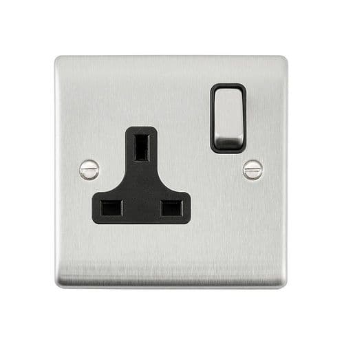 Saxby Raised Screwed 13A 1G DP Switched Socket - Brushed Steel With Black Insert RS412BSB By Saxby