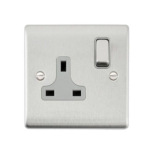 Saxby Raised Screwed 13A 1G DP Switched Socket - Brushed Steel With Grey Insert RS412BSG By Saxby