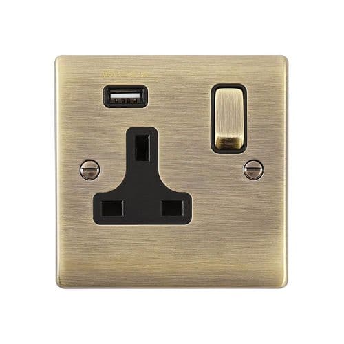 Saxby Raised Screwed 13A 1G DP Switched Socket w 2.1V USB - Antique Brass W Black Insert RS413ABB By