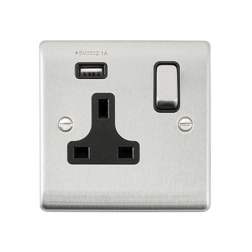 Saxby Raised Screwed 13A 1G DP Switched Socket w 2.1V USB - Brushed Steel W Black Insert RS413BSB By