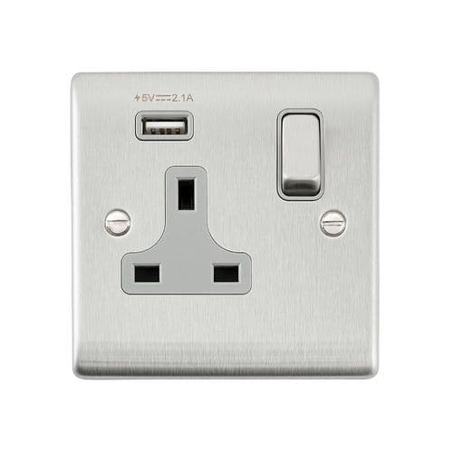 Saxby Raised Screwed 13A 1G DP Switched Socket w 2.1V USB - Brushed Steel W Grey Insert RS413BSG By