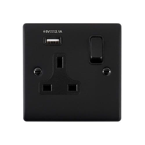 Saxby Raised Screwed 13A 1G DP Switched Socket w 2.1V USB - Matt Black W Black Insert RS413BLB By