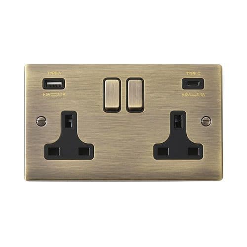 Saxby Raised Screwed 13A 2G DP Sw Socket w 15.5W USB A+C - Antique Brass W Black Insert RS425ABB