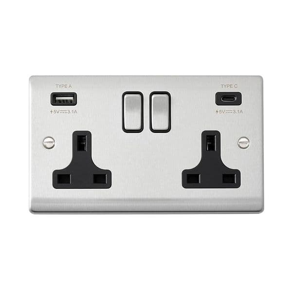 Saxby Raised Screwed 13A 2G DP Sw Socket w 15 5W USB A C - Brushed ...