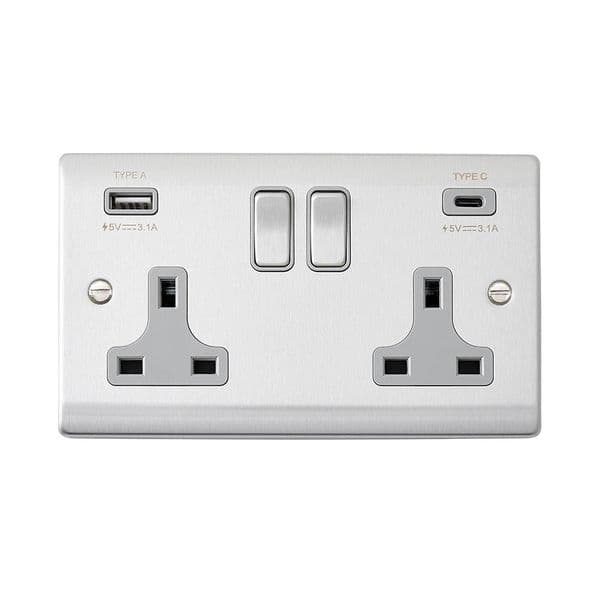Saxby Raised Screwed 13A 2G DP Sw Socket w 15 5W USB A C - Brushed ...