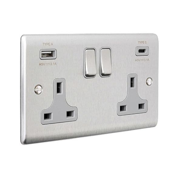 Saxby Raised Screwed 13A 2G DP Sw Socket w 15 5W USB A C - Brushed ...