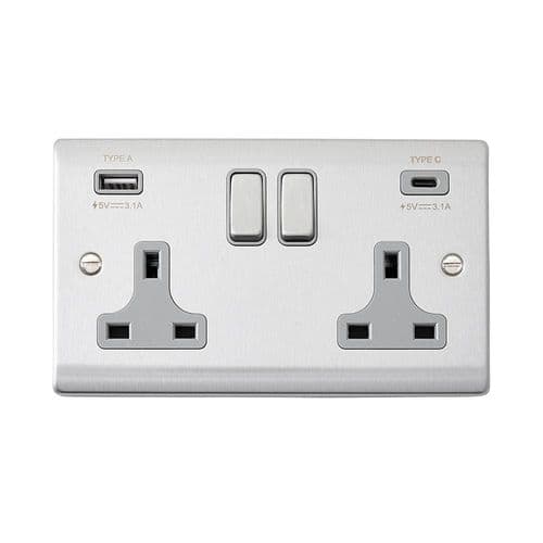 Saxby Raised Screwed 13A 2G DP Sw  Socket w 15.5W USB A+C - Brushed Steel W Grey Insert RS425BSG