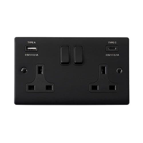 Saxby Raised Screwed 13A 2G DP Sw Socket w 15.5W USB A+C - Matt Black W Black Insert RS425BLB