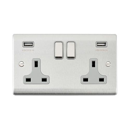 Saxby Raised Screwed 13A 2G DP Switched Socket w twin 5V USB - Brushed Steel W Black Insert RS423BSB